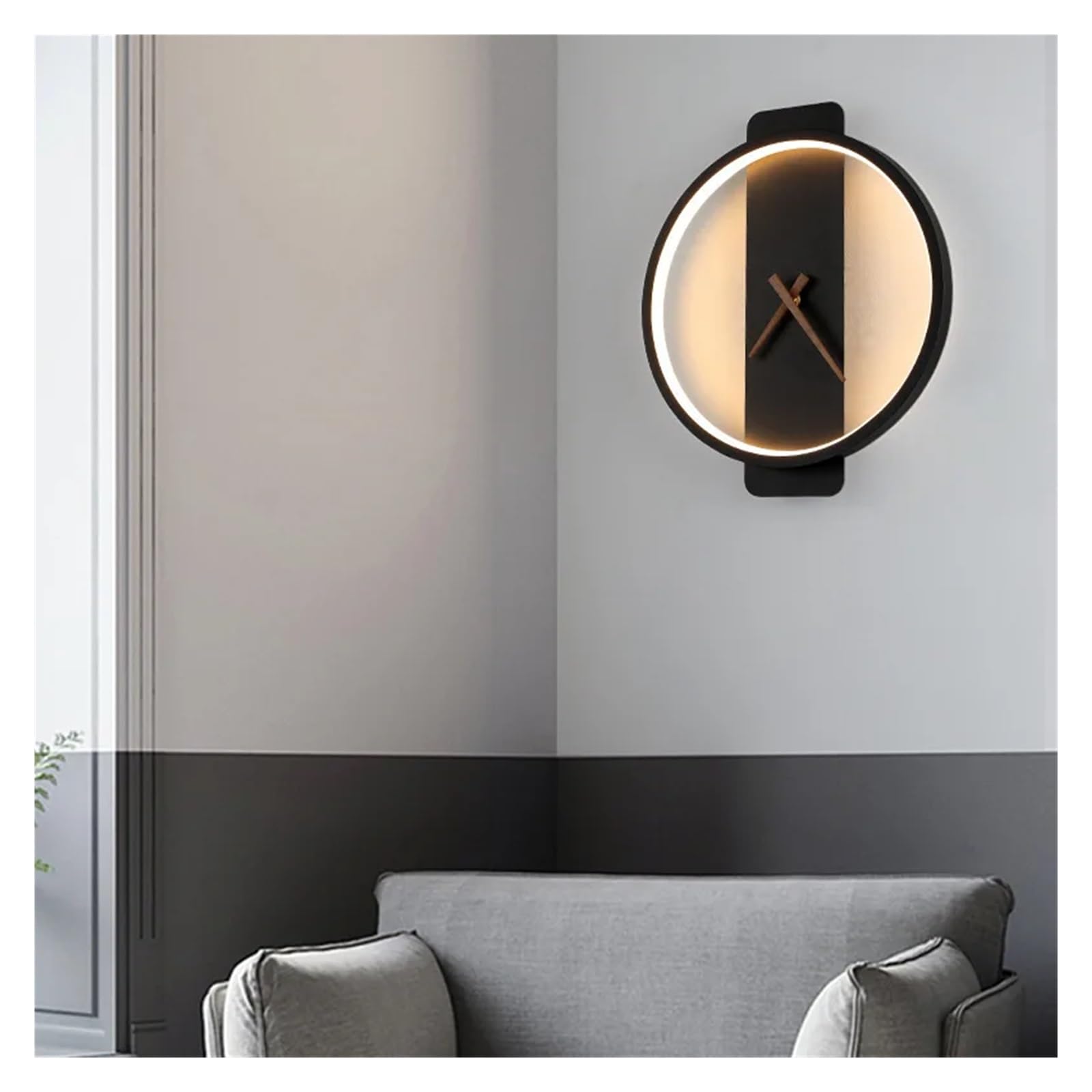 Lampa ścienna z zegarem do salonu Dekoracja wnętrz do sypialni, tło Kinkiet Oprawa oświetleniowa Nowoczesne lampki nocne Led dla sztuki ściennej(Neutral light,Black-B)