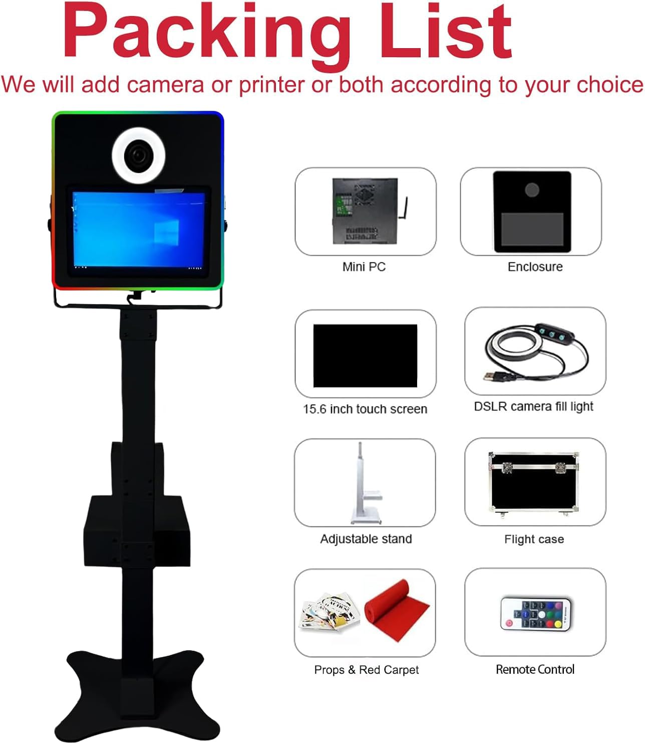 Photomaton portable avec appareil photo reflex numérique et imprimante 15,6 pouces écran tactile Selfie Photobooth Machine avec mini PC RGB Cadre lumineux pour fête de mariage événement Location Pack