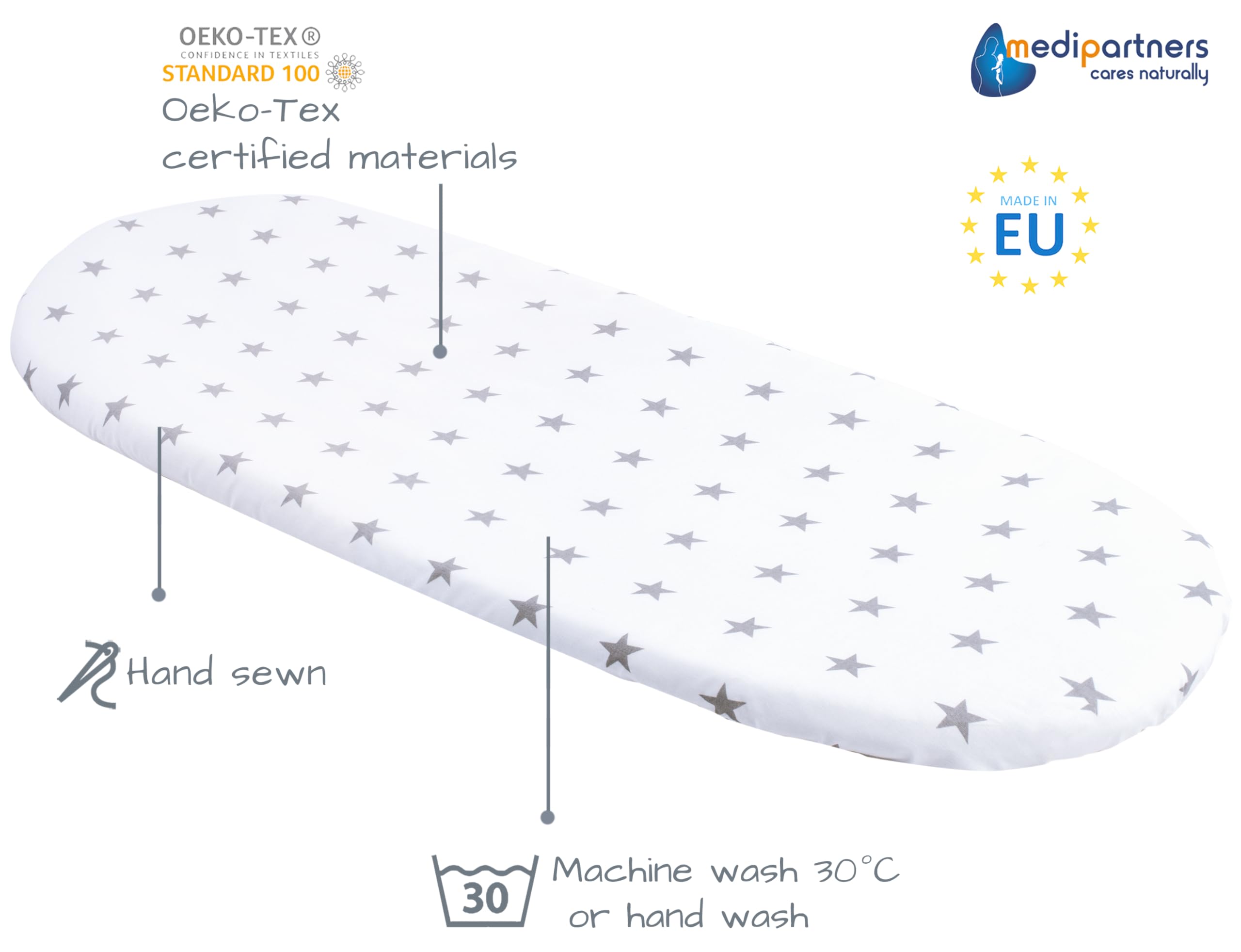 Medi Partners Set of 3 pcs. Fitted Sheet Pram 86 x 40 cm 100% Cotton Mattress Protector Baby, Grey Stars-white-grey, Three pack - Image 3