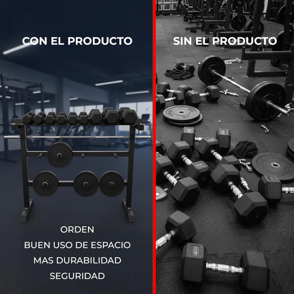 ManiBoom Soporte Mancuernas Casa de Acero 2 Niveles Horizontales + 2 Verticales - Organizador Gimnasio - Estante de Almacenamiento para Pesas Rusas, Barra Esterillas y Mancuerna - Mancuernero