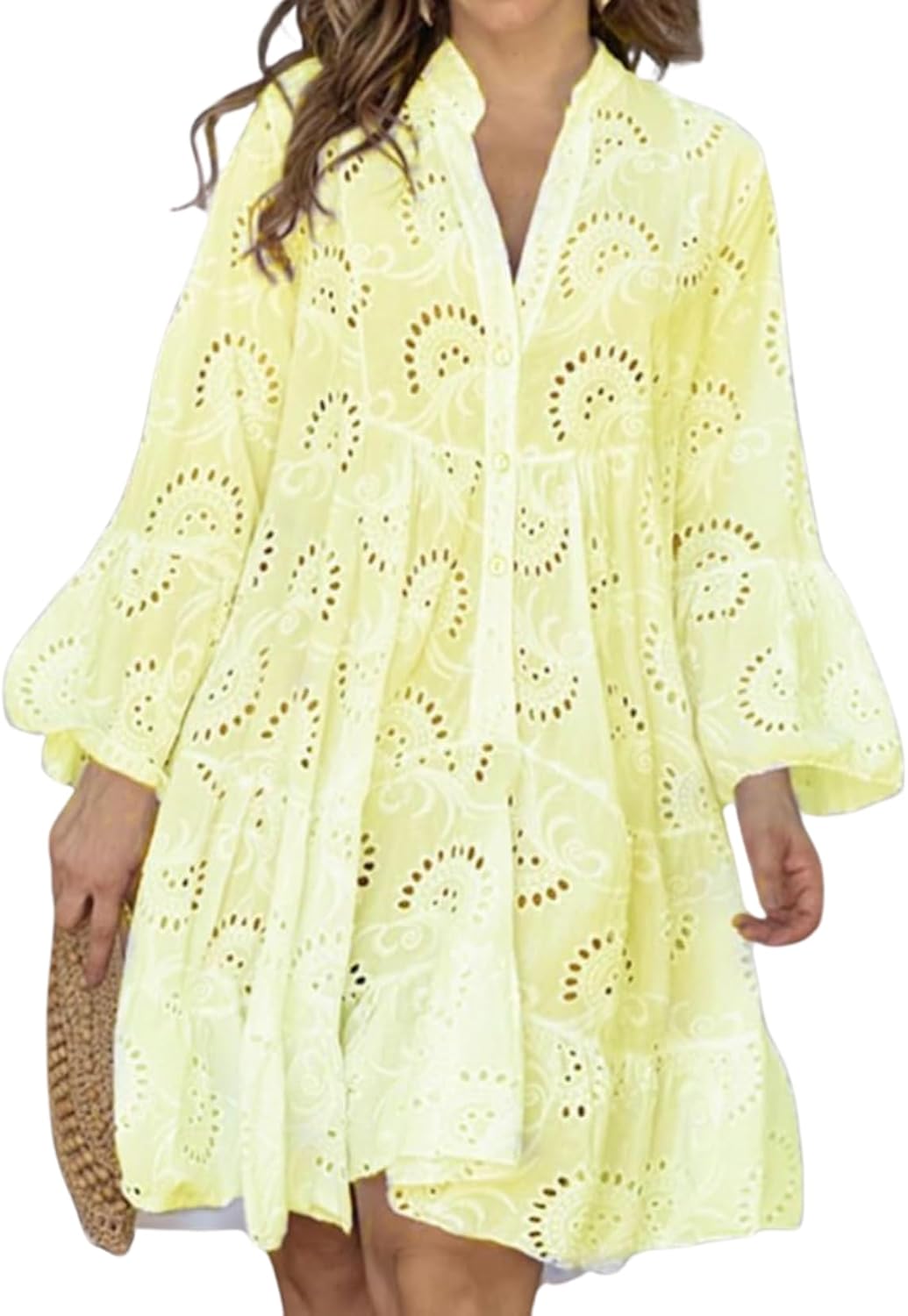 White floral lace boho dress with V-neck and buttons.