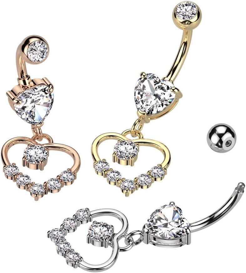 Pierced Owl 14GA 316L Stainless Steel CZ Crystal Hollow Heart Shaped Dangling Belly Button Ring - Image 3