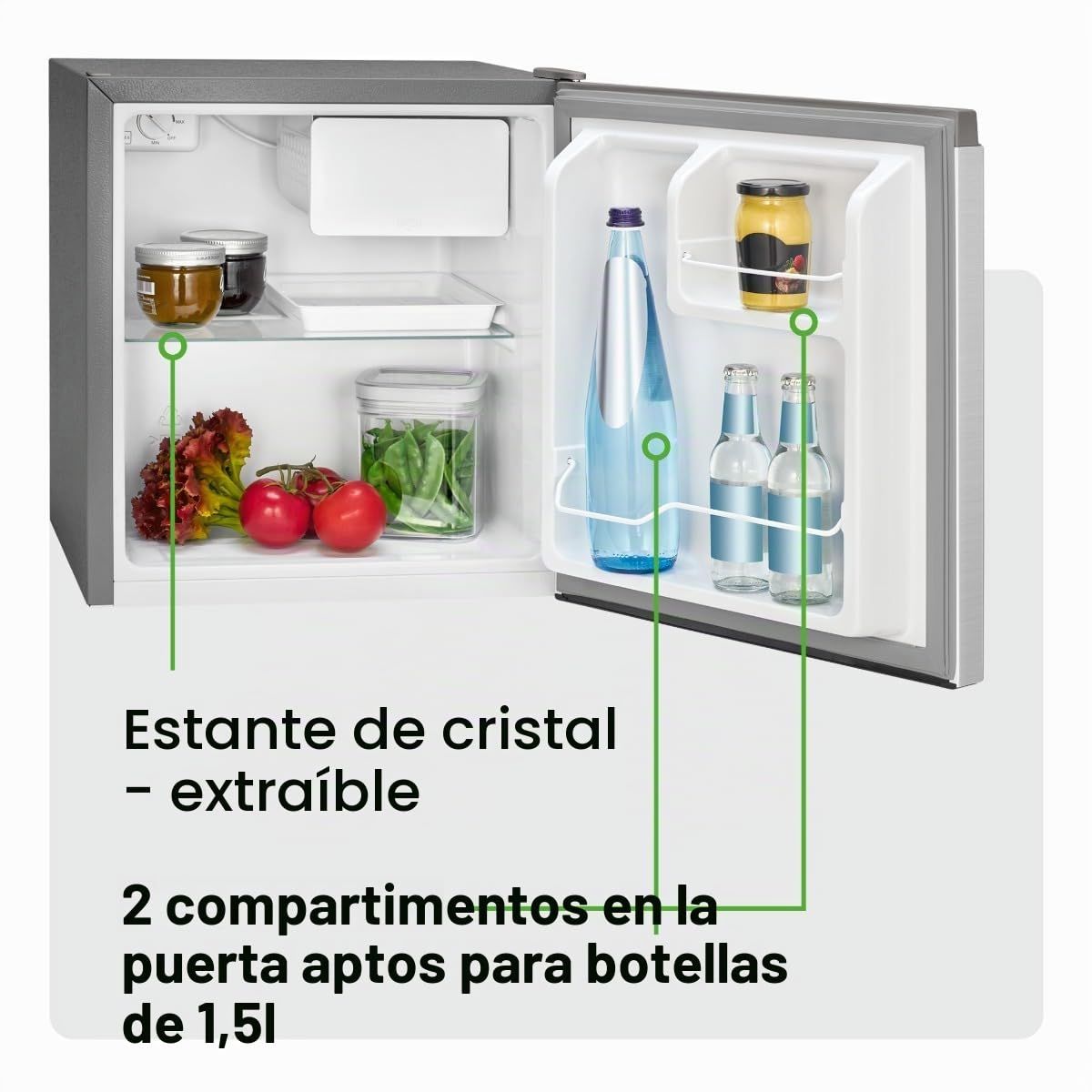 Bomann KB7245 Mini Frigorífico 45 Litros con Congelador 4 L, Minibar Silencioso, Regulador de Temperatura, Nevera Combi Pequeña, Puerta Reversible, Camping, Oficina, Eficiencia Energética E, Inox