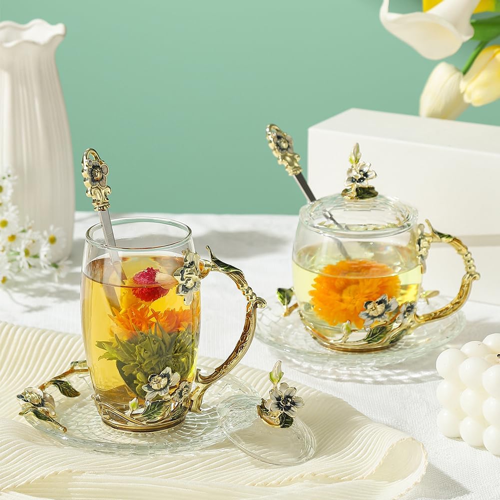 Unique Tea Cups Mother's Day Gift Enamels Flower Glass Coffee Mug with Spoon Jasmine Cups Birthday Christmas Gift for Women 12oz - Image 3