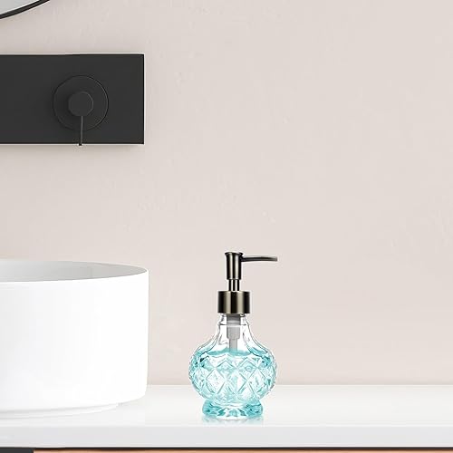 Vista 3 de Dispensador de jabón líquido de vidrio para baño, diseño de cristal transparente de 8.5 onzas, dispensador de jabón reutilizable vintage con bomba