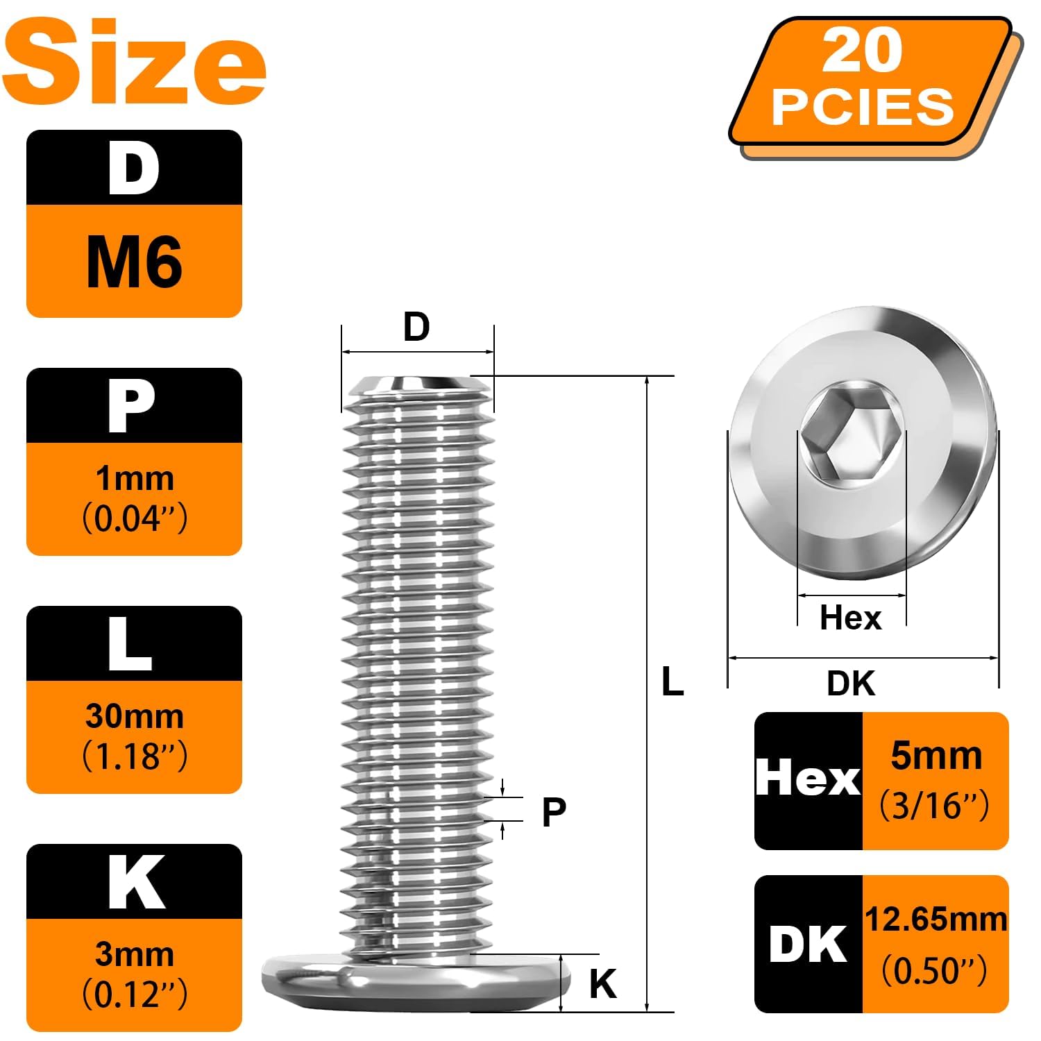 M6 Bolts, Flat Head Hex Socket Cap Screws Bolts, M6 x 30mm 304 Stainless Steel Hex Bolts - Image 2