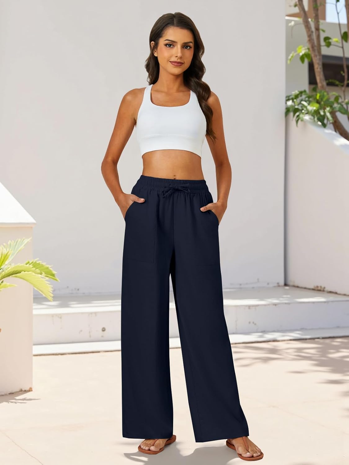 FireSwan Womens Palazzo Pants Casual Drawstring Flowy Pants Wide Leg Summer Beach Linen Trousers with Pockets - Image 2