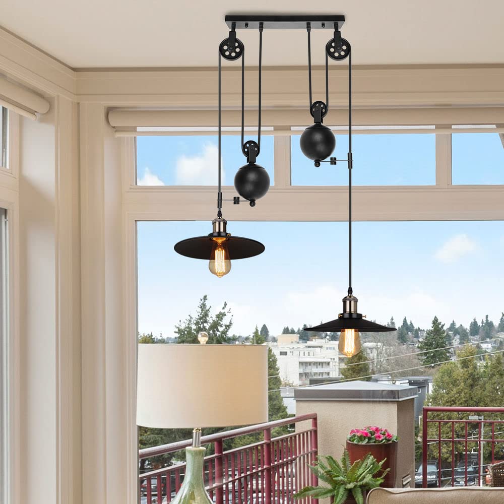 iDEGU 2 Lampes Lustre Industrielle Suspension Luminaire Vintage Plafonnier avec Poulie en Métal Lampe de Plafond Barre, Ø 26cm, Noir (système de poulie - 26cm)