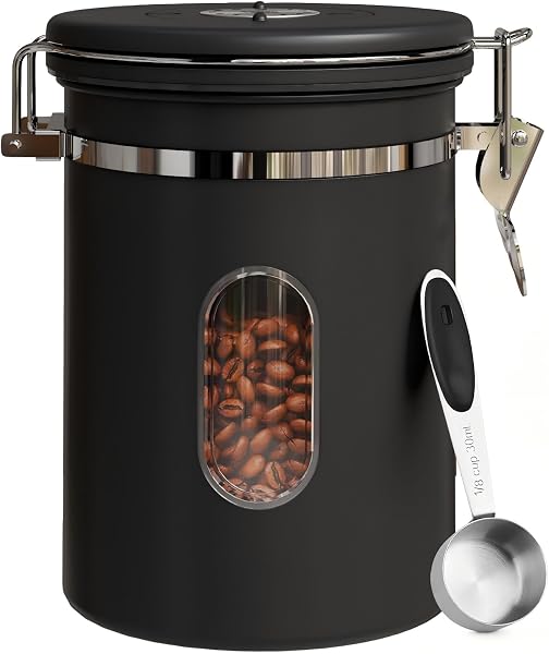 COMIWIN 1800ml Coffee Canister with Window 22OZ, Date Tracker & Scoop, Ground Beans, Airtight Stainless Steel Kitchen Food Storage Container, Tea, Cereal, Sugar, Bar Accessories Gifts, Black Jar - 1