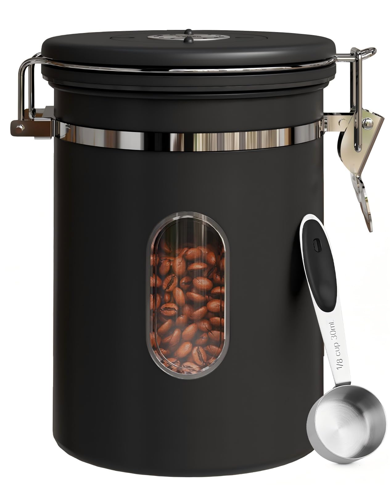 COMIWIN 1500ml Coffee Canister with Window 16oz, Date Tracker & Scoop, Ground Beans, Airtight Stainless Steel Kitchen Food Storage Container, Tea, Cereal, Sugar, Bar Accessories Gifts, Black Jar - 2
