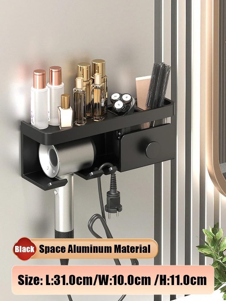 Supporto per asciugacapelli Porta asciugacapelli in Lega di Alluminio, portaoggetti da Bagno, mensola da Parete for Bagno, Senza Culla for asciugatrice(Black 31cm)