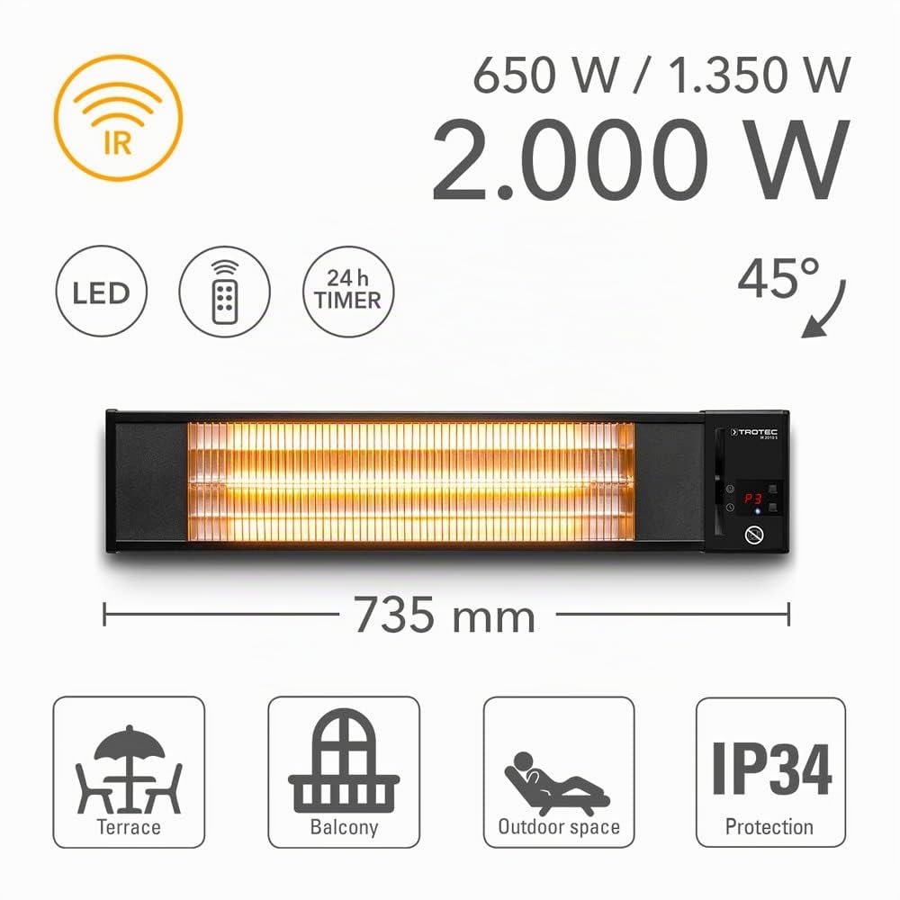 TROTEC Chauffage terrasse infrarouge électrique IR 2010 S 3 vitesses