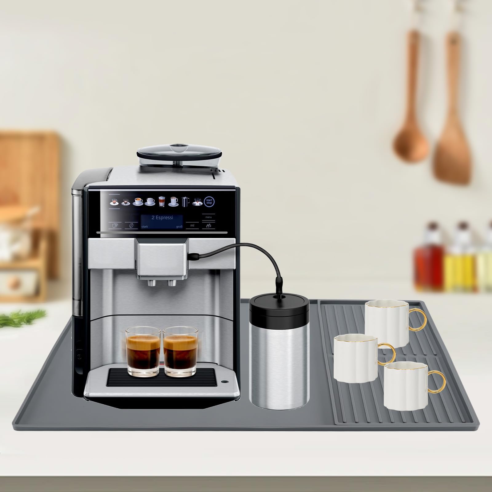 Tappetino Macchina Caffe, Antiscivolo Silicone Tappetino per Macchina da Caffè Tappetino in Silicone per Caffè con Bordo Rialzato, per Bar Piani Cucina Uffici e Tavoli da Pranzo (Grigio)