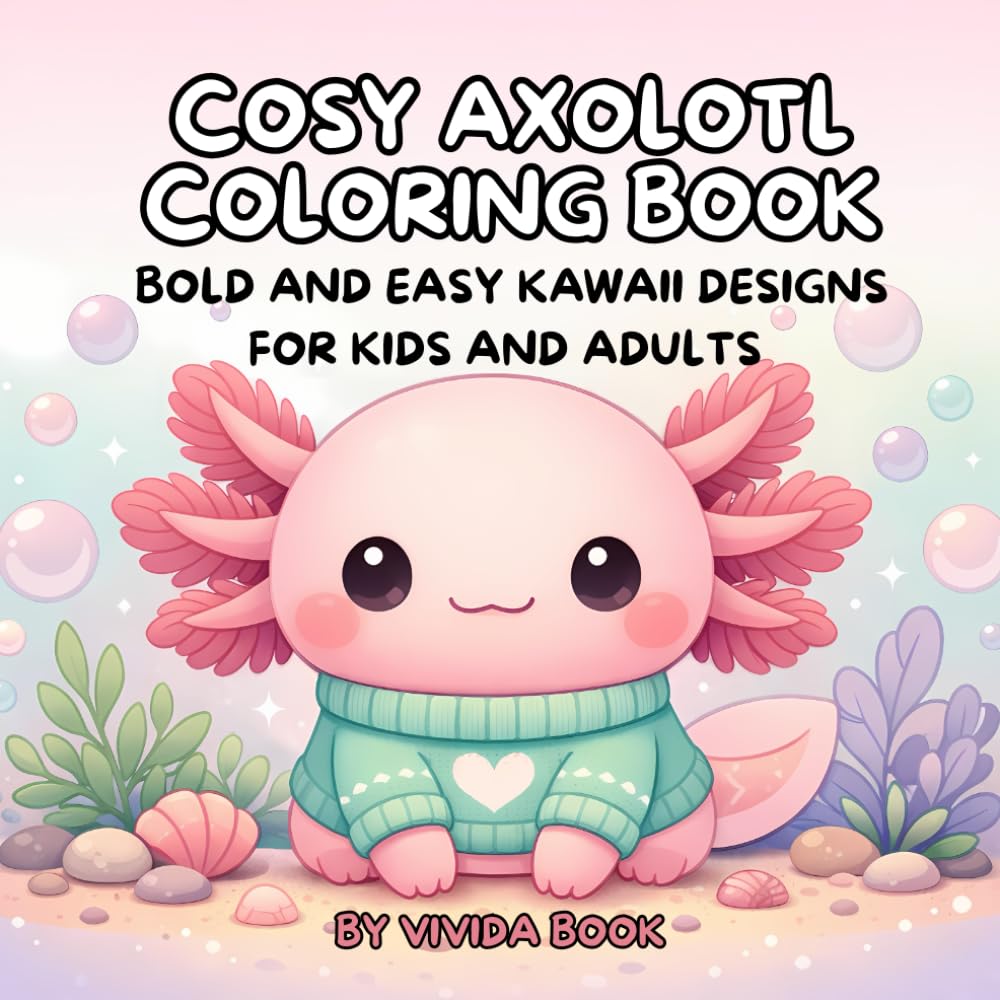 cosy axolotl coloring book: 50 Bold and Easy Kawaii Designs for Kids and Adults - Simple and Adorable Axolotl Scenes for Stress Relief and Relaxation