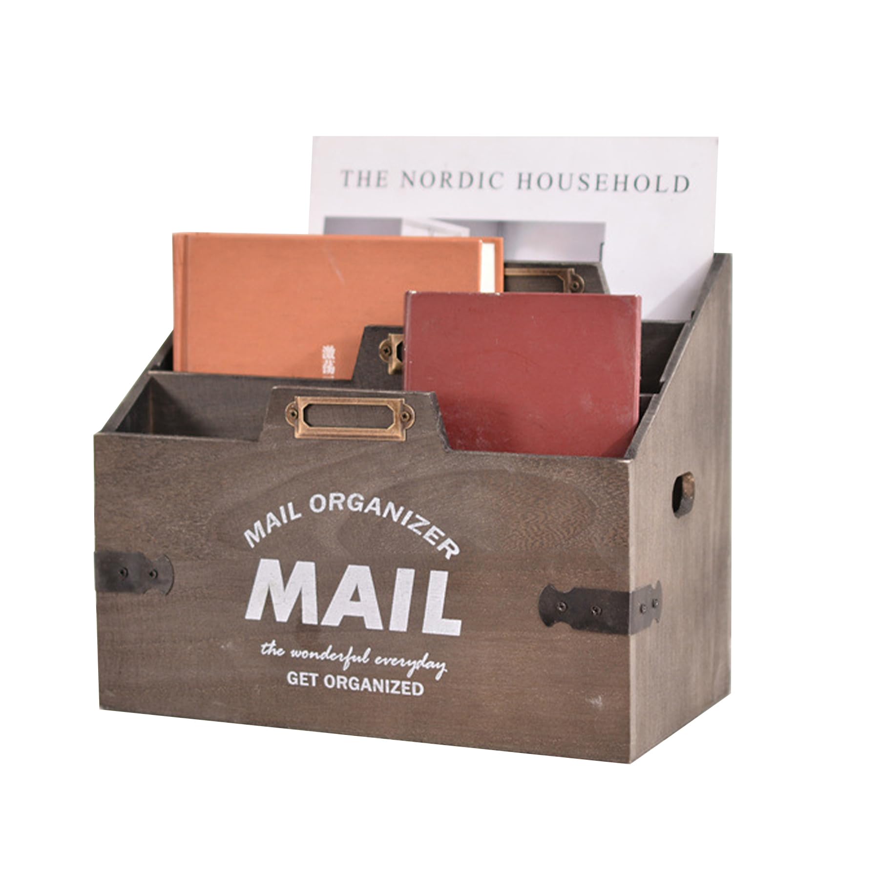 Wasise Letter Holder - 24 X 14 X 20CM Letter Rack, Rustic Wooden Letters Rack with Handle, 3 Compartments Home Office Holder, Wooden Stationary Desk Tidy Organiser,Mail Organiser for Home Study Office