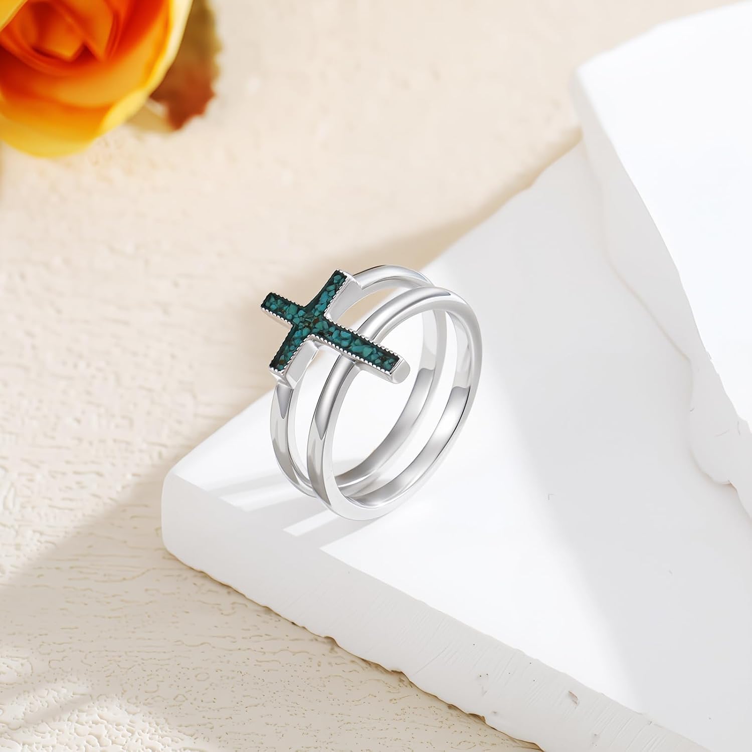 Raw Turquoise Cross Rings 925 Sterling Silver Cross Layered Pray Through It Ring Jewelry for Women