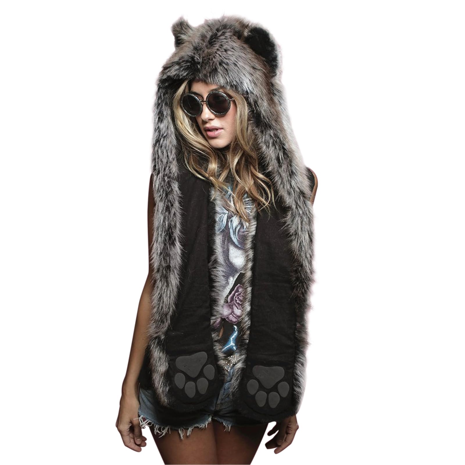 JIAHG Chapeau Femme Fausse Fourrure 3 en 1 Bonnet Foulard et Moufles Chapeau de Trappeur Hiver Capuche Épais Chaud Thermique pour Ski Neige Camping Randonnée