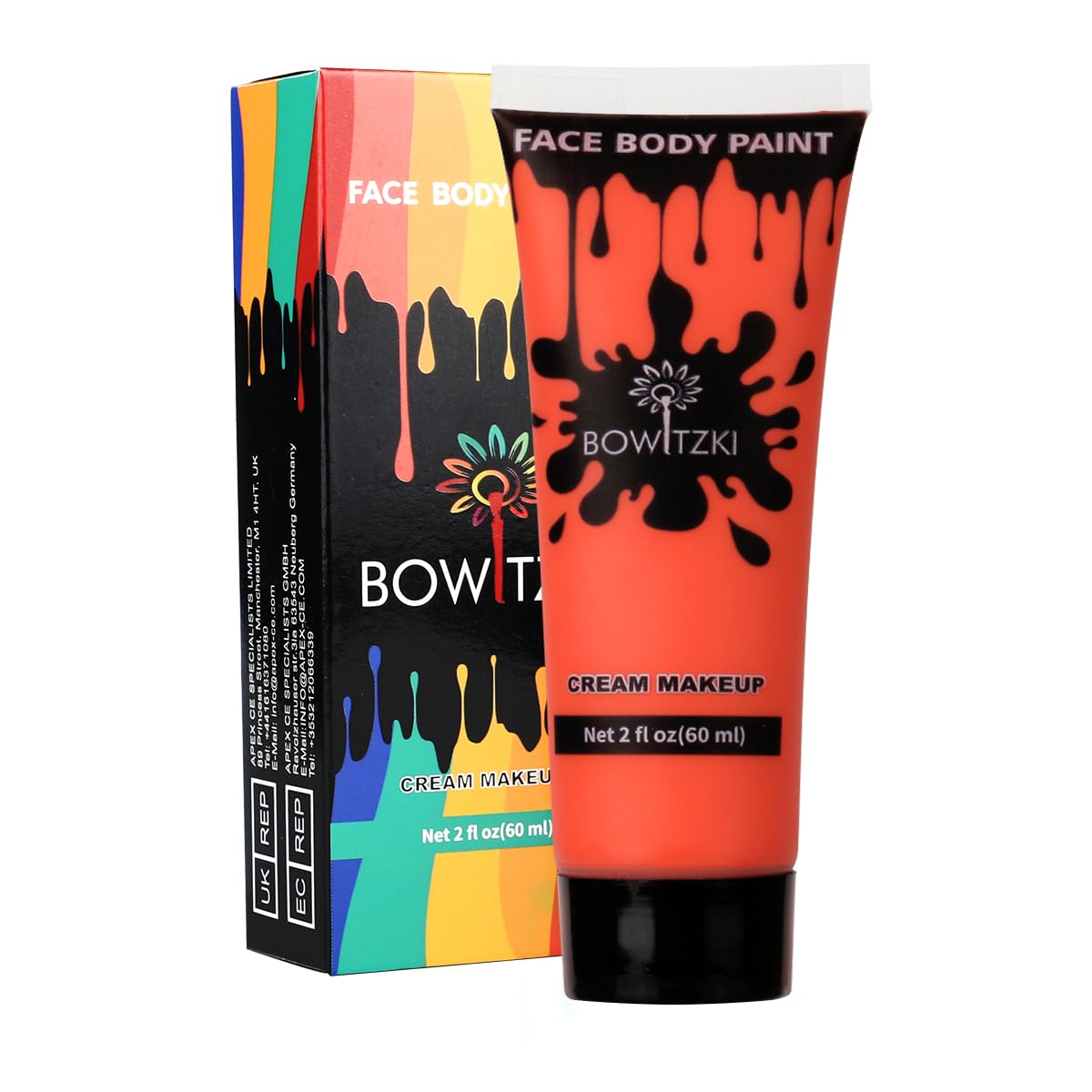 Bowitzki Farba do twarzy i ciała, 60 ml, na bazie wody, specjalne efekty dla dorosłych, dzieci, na Halloween, Boże Narodzenie, imprezę, scenę, cosplay (pomarańczowa)