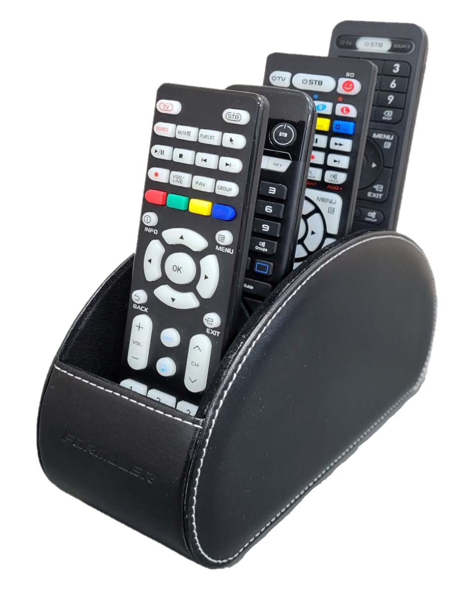 Remote Control Holder Organizer – 5-Compartment Leather Caddy for TV Remotes, Office Supplies, Makeup Brushes – Desktop Storage Box for Home & Office (Black)