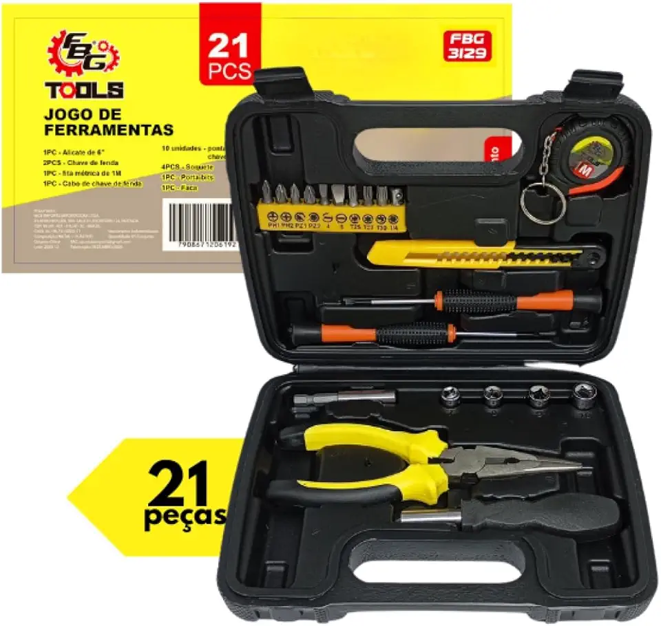 Maleta De Ferramentas Kit De Ferramentas Manuais 3129 Com Conjunto De 21 Acessórios Trena Estilete Alicate Chave Phillips Chave De Fenda Bits Soquetes
