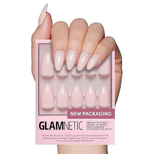 Miniatura 7 de Glamnetic Uñas a presión  Esmalte de goma de mascar  Uñas cortas de punta francesa rosa almendra con un acabado esmaltado  15 tamaños  Kit de 30