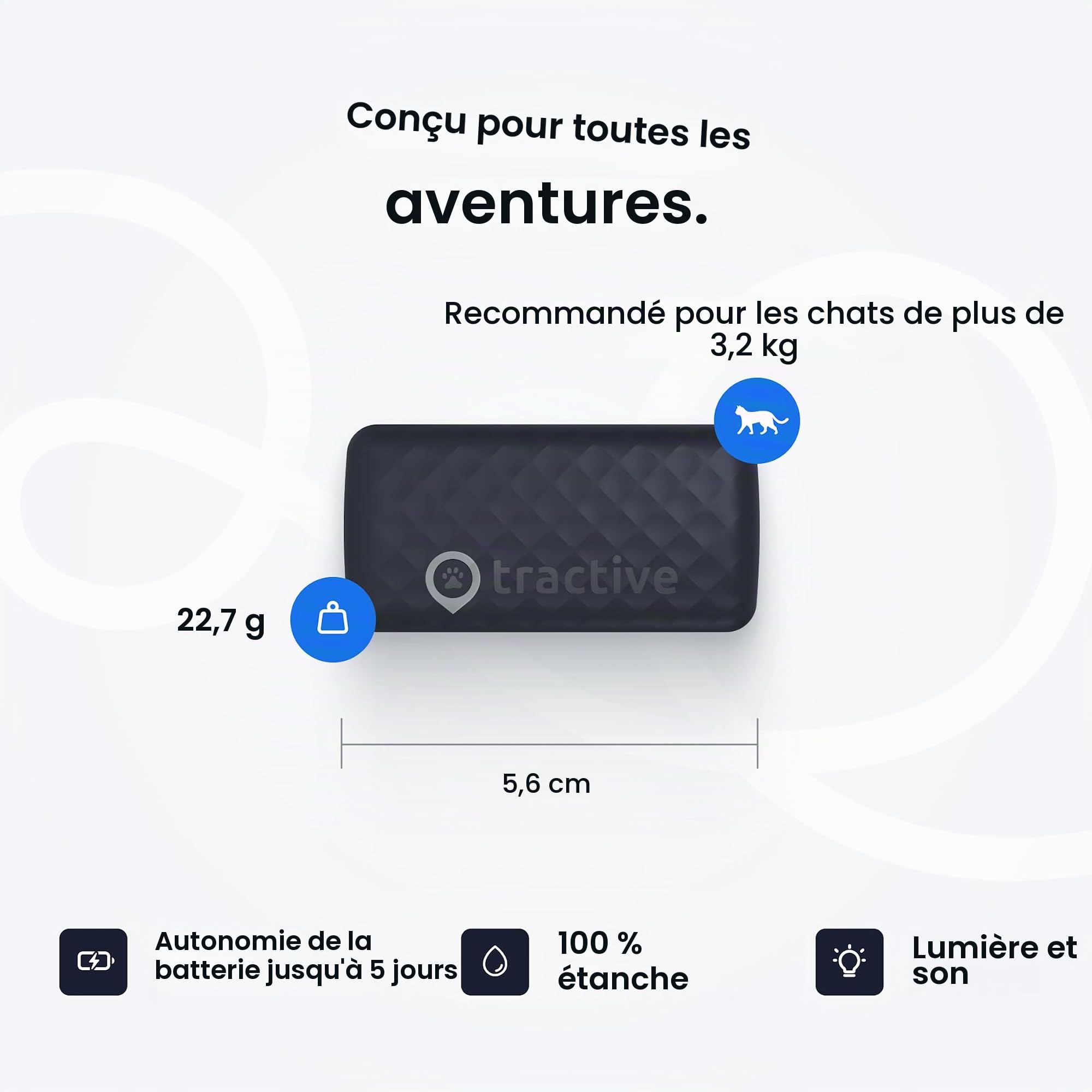 Tractive Traceur GPS Smart Cat avec abonnement Gratuit de 6 Mois | Localisation en Temps réel et Surveillance du Bien-être pour Chats de 2,9 kg + | Historique du Territoire et des emplacements |