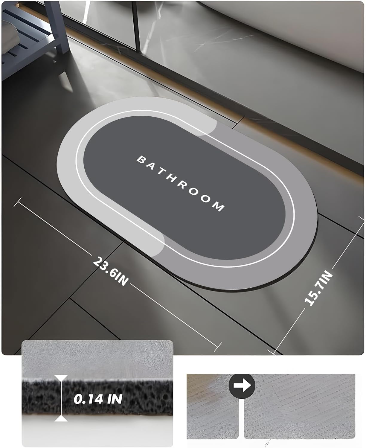 Rubber Bath mats Quick-Drying Non-Slip Bathroom mat Super Absorbent Bath mat Instant Dry Bath mat, Bathroom Rug in Front of The Kitchen Sink, Shower Room, Bathtub, OvalGrey, 23.6"x15.7" - Image 2