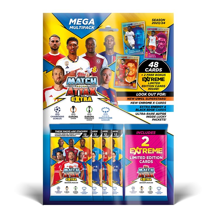Topps Match Attax Extra 2024 - Mega Multipack - ¡48 Cards Match Attax (4 Paquetes) más 2 Cards Random Extreme de edición Limitada!