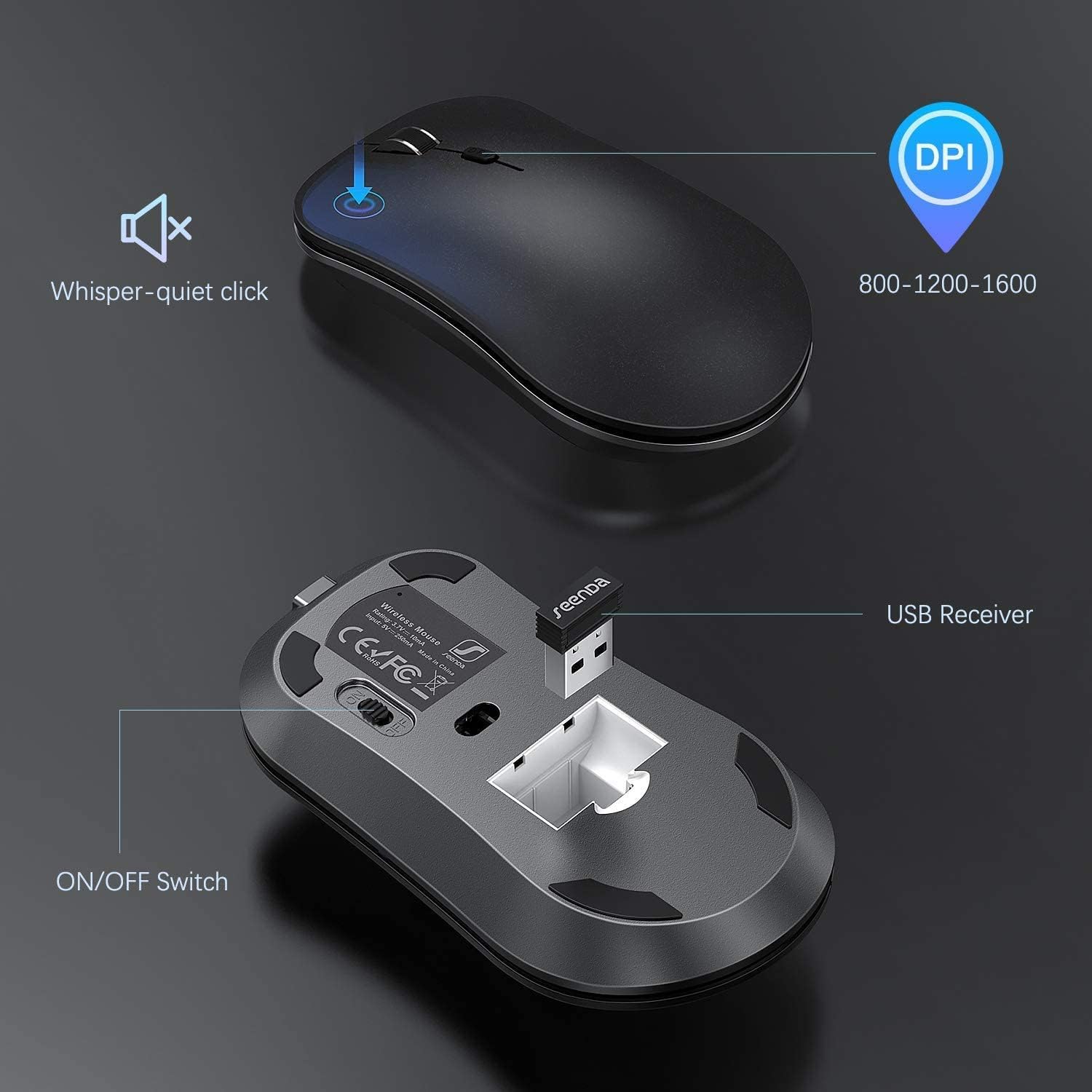Wireless Keyboard and Mouse - Rechargeable Quiet Keyboard Mouse Set with Built-in Lithium Battery Low Profile Metal Keyboard with Numeric Keypad for Windows Devices - Black & Grey