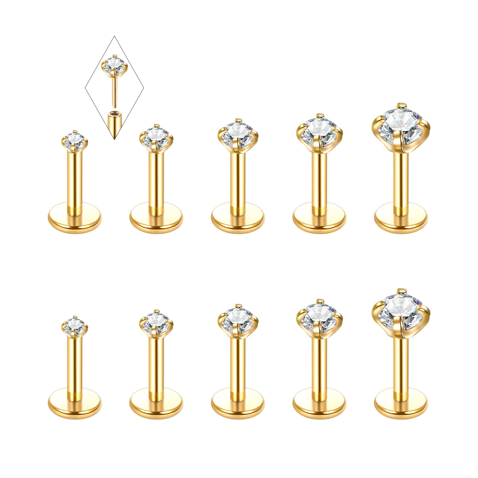 Oveta Threadless 16G Lip Rings for Women Flat Back Tragus Cartilage Earrings Piercing Jewelry Gold 1/4" Short Bar Stainless Steel