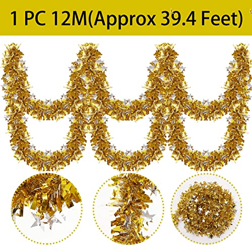 Jilimeli 39.4 Feet Christmas Tinsel Garland, Shiny Tinsel Garland With Star, Hanging Metallic Christmas Garland Decoration For Xmas Tree Party Weeding Birthday Outdoor Holiday (Gold And Silver) #TOP2