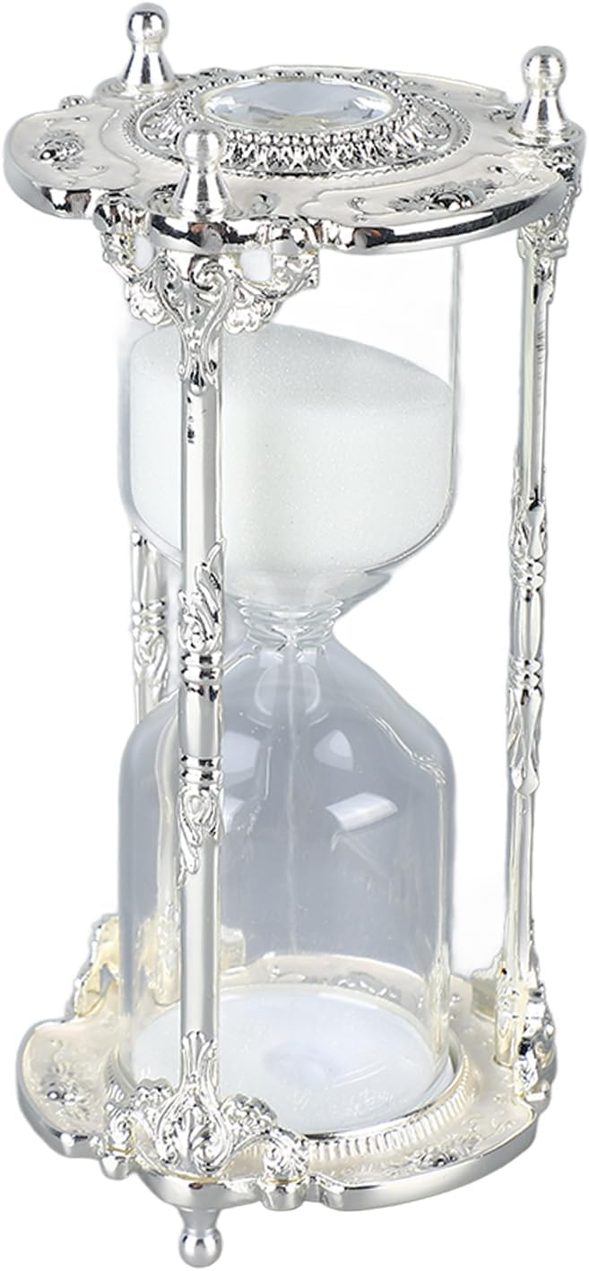 Pyenhdi White Hourglass Sand Timer, Antique Metal Elegant 15 Minutes Decorative Sand Timer Clock Watch(White)