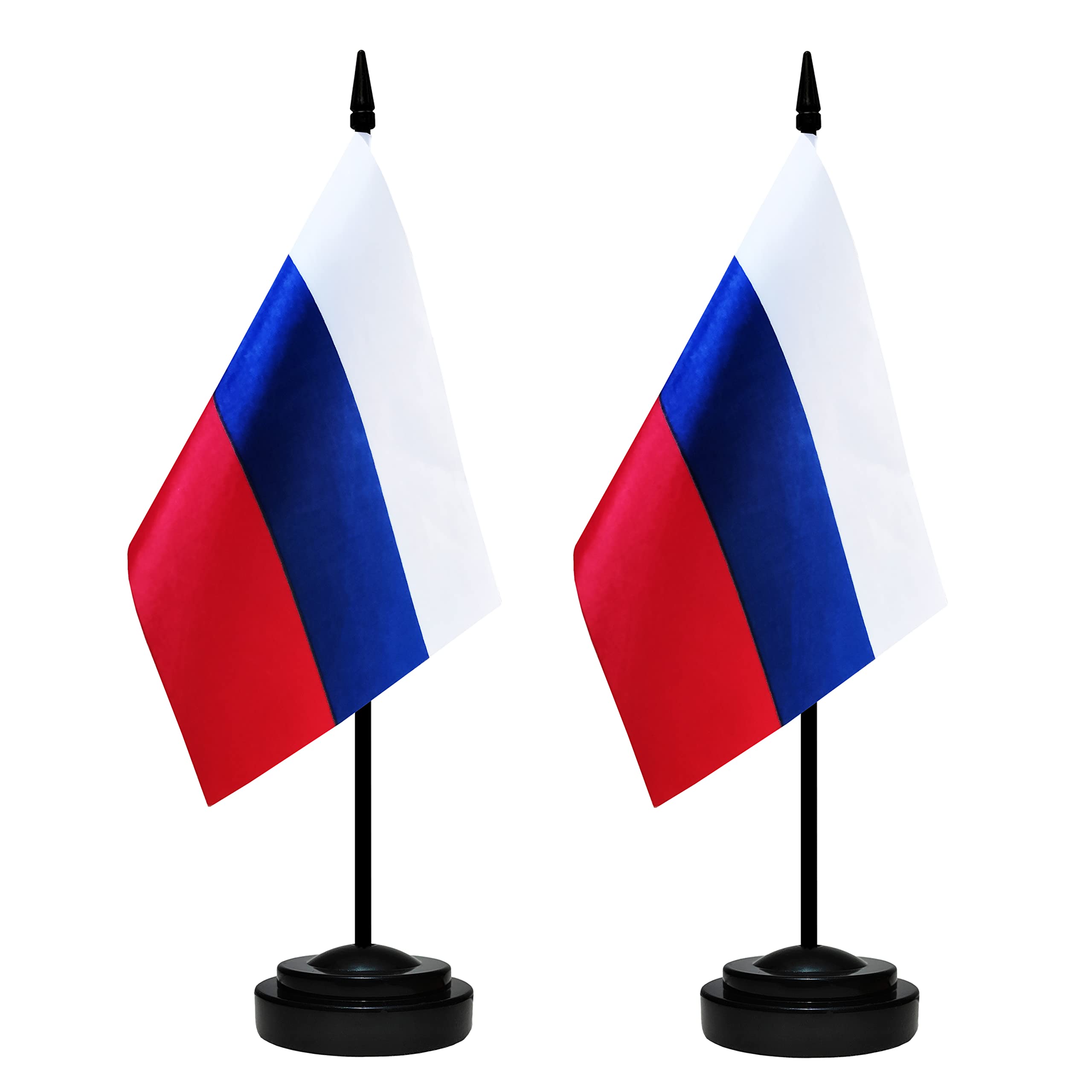 Russia Desk Flag Set, 2 Pack Russian Table Office Flags, Small Mini Desktop Flag With 12" Solid Black Pole, Black Base, Miniature Desktop Flag