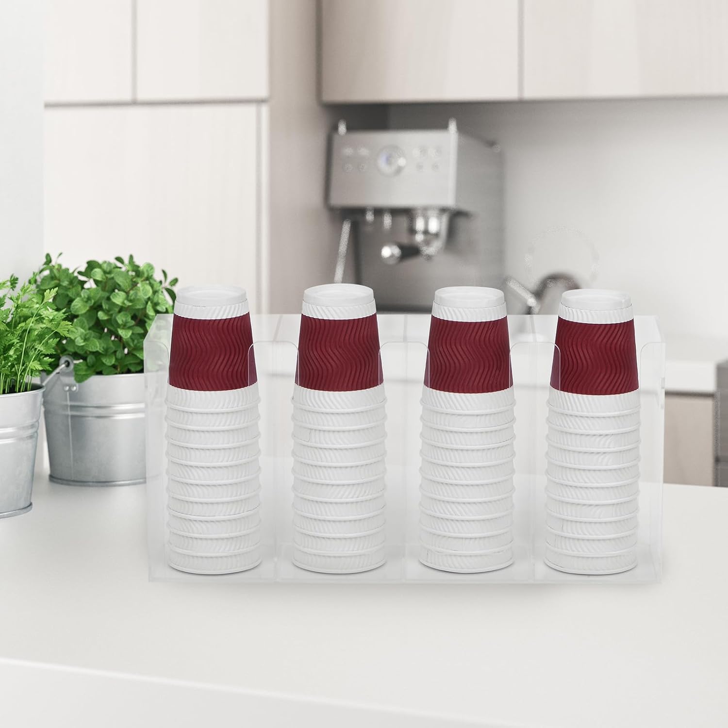 uxcell Wall Mount Disposable Coffee Cup Dispenser with Handles, Hot/Cold Drink Cup and Lid Holder Countertop Acrylic Cup Lid Storage Organizer for Bathroom(4 Compartments, Clear)