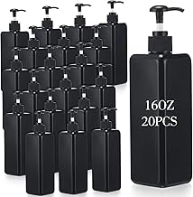 20 Pack 16oz/ 500ml Plastic Empty Bottles Refillable Shampoo Containers with Pump Lightweight Square Soap Dispenser Bottles for Essential Lotions, Shampoos, Conditioner, Massage Oil (Black)