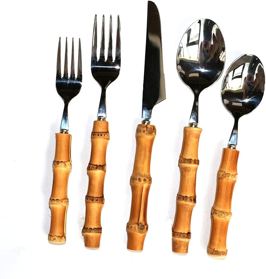 Bamboo Silverware Set,Natural Bamboo Flatware,Bamboo Handle Cutlery and Utensil Set,18/8 304 Stainless Steel 1 set 5 PCS