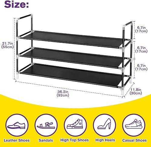 Miniatura 3 de Zapatero apilable de 3 niveles no tejido para entrada, armario, baño 11.8 in de profundidad x 36.2 in de ancho x 21.7 in de alto, negro