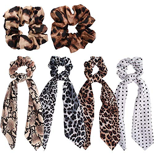 TOBATOBA 6 Pack Leopard Print Big Scrunchies for Hair Long Scrunchies Hair Scarf, Polka Dot Snake Skin, Ribbon Chiffon Strong Elastic Hair Bands Rope Scrunchy