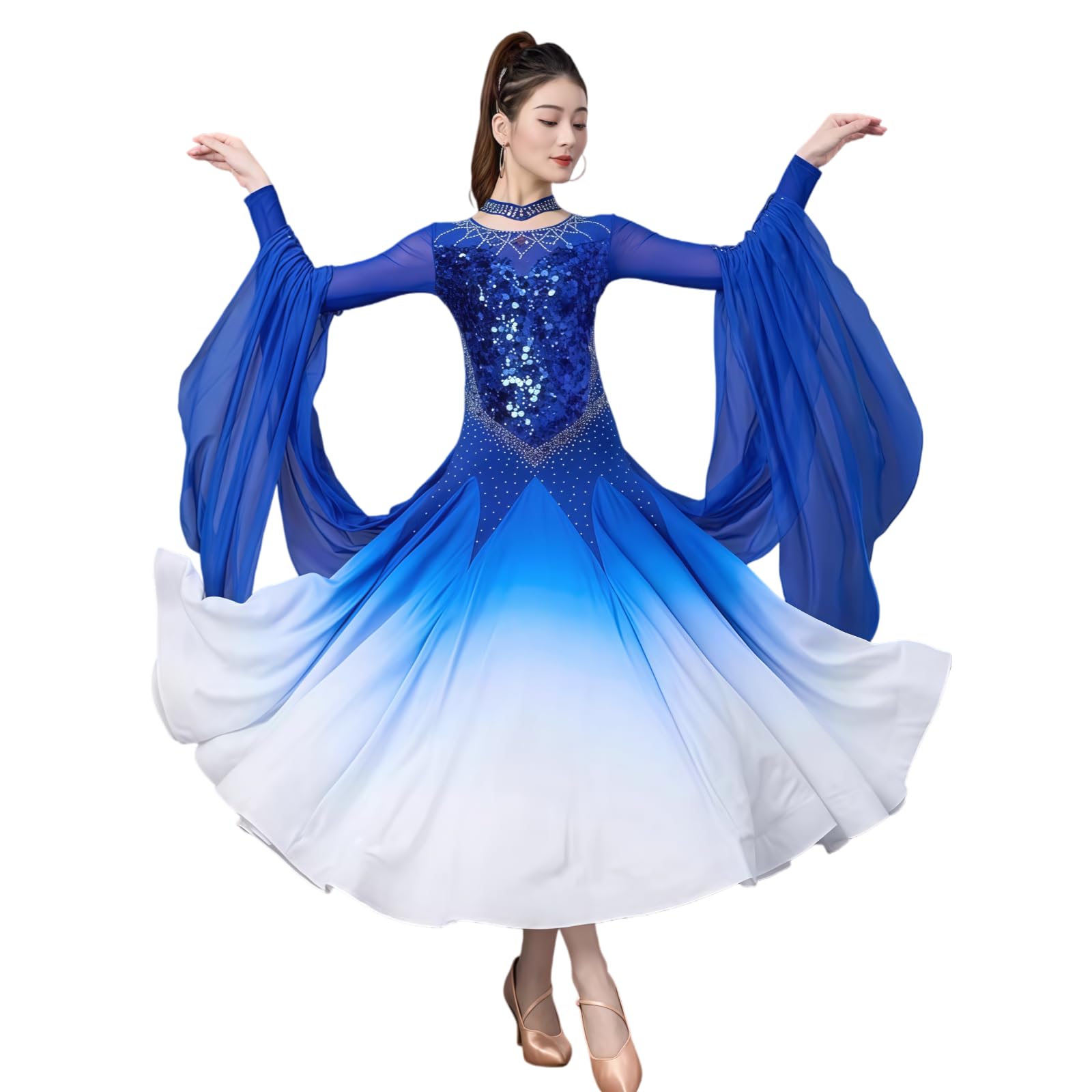 Damen Standard Ballroom Tanzkleid, Elegantes Langarm Tanzkleid Mit Rundhalsausschnitt, Strass Und Fließendem Chiffonrock Mit Farbverlauf Für Walzer Tango Foxtrott