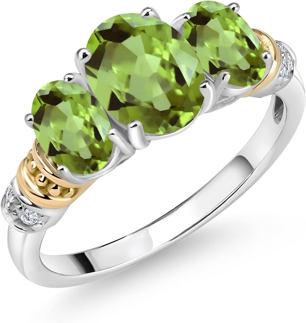 Gem Stone King 2.45 Cttw Oval Green Peridot and White Diamond 3-Stone Ring For Women | 925 Sterling Silver and 10K Yellow Gold | Gemstone August Birthstone | Available In Size 5, 6, 7, 8, 9