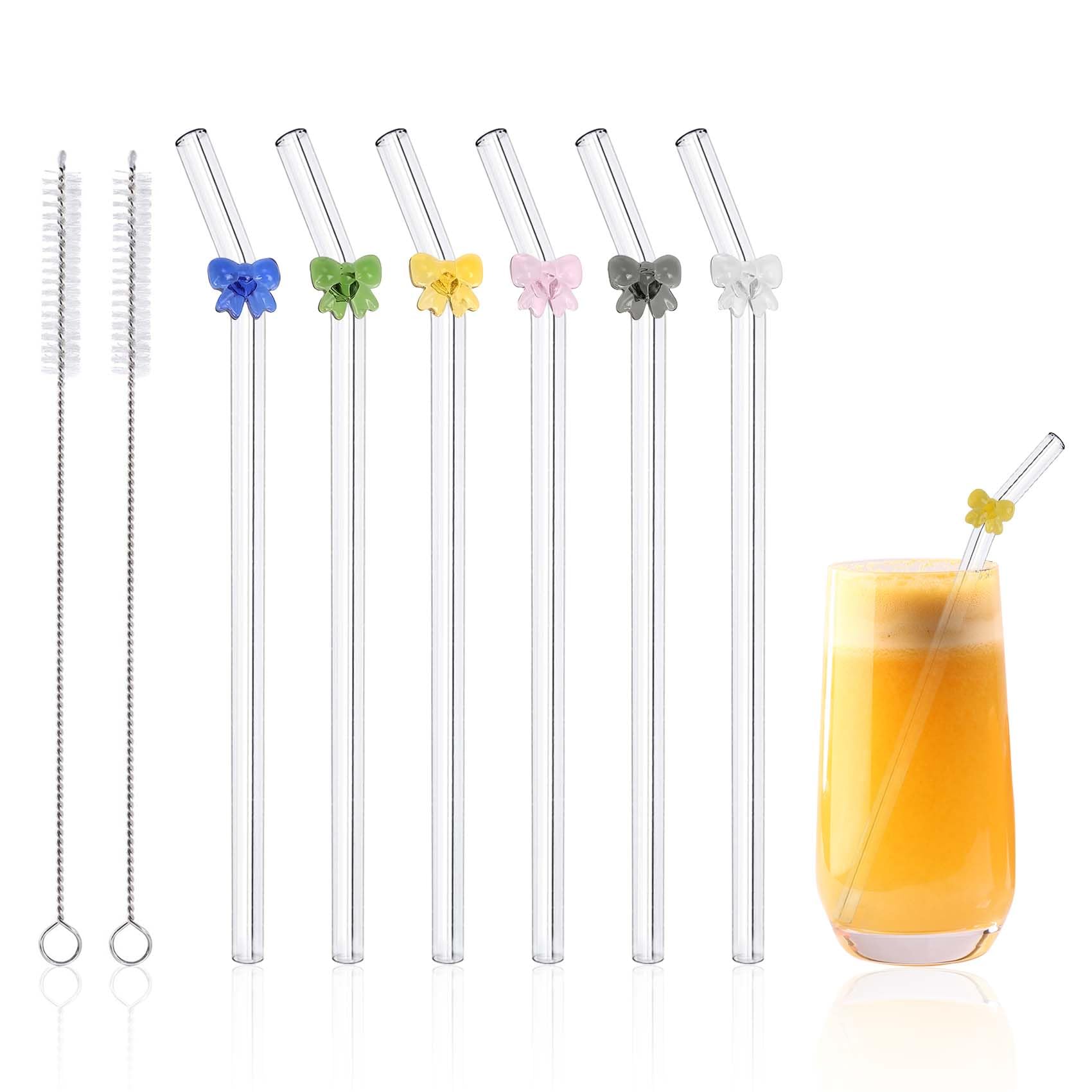 DUMING-IN Wiederverwendbare Glas-Trinkhalme mit 2 Reinigungsbürsten, niedliche, bunte Schleife, bruchfest, wiederverwendbar, spülmaschinenfest für Säfte, Smoothies, Milchshakes, Tee, 20 x 8 mm, 6