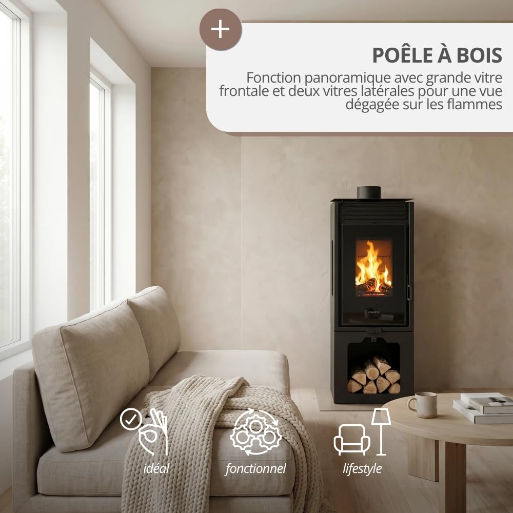 Prity PMV3 E Poêle à bois panoramique | Verre vertical à trois côtés | Design moderne | Certifié CE | Brûleur bloc