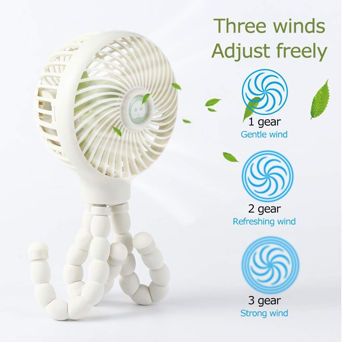 Ventilatore portatile per passeggino, mini ventaglio per seggiolino auto con treppiede flessibile, 3 velocità regolabile, USB a batteria, per culla, scrivania, bici da viaggio all'aperto (bianco