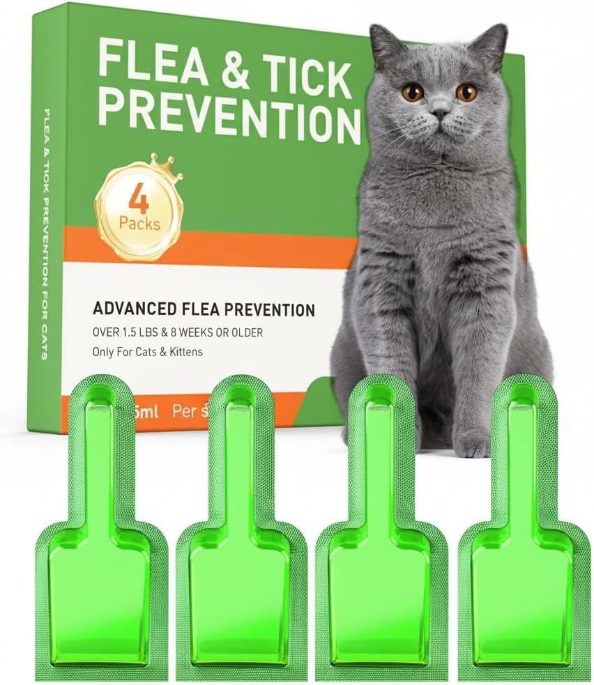 Cat Flea Treatment & Tick Control - Topical Flea Treatment for Cats & Kittens - Protection for Cats Over 1.5 lbs and 8 Weeks or Older, 4 Pack