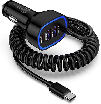 60W Type C Super Fast Samsung Car Charger for Galaxy S26/S25 Ultra/A17/Z Flip7/Fold7/A56/A16 iPhone 17 16e 16 Pro Max Pixel 10A, 4-Port USB C & USB A Car Phone Charger Adapter+4FT Type C Coiled Cable