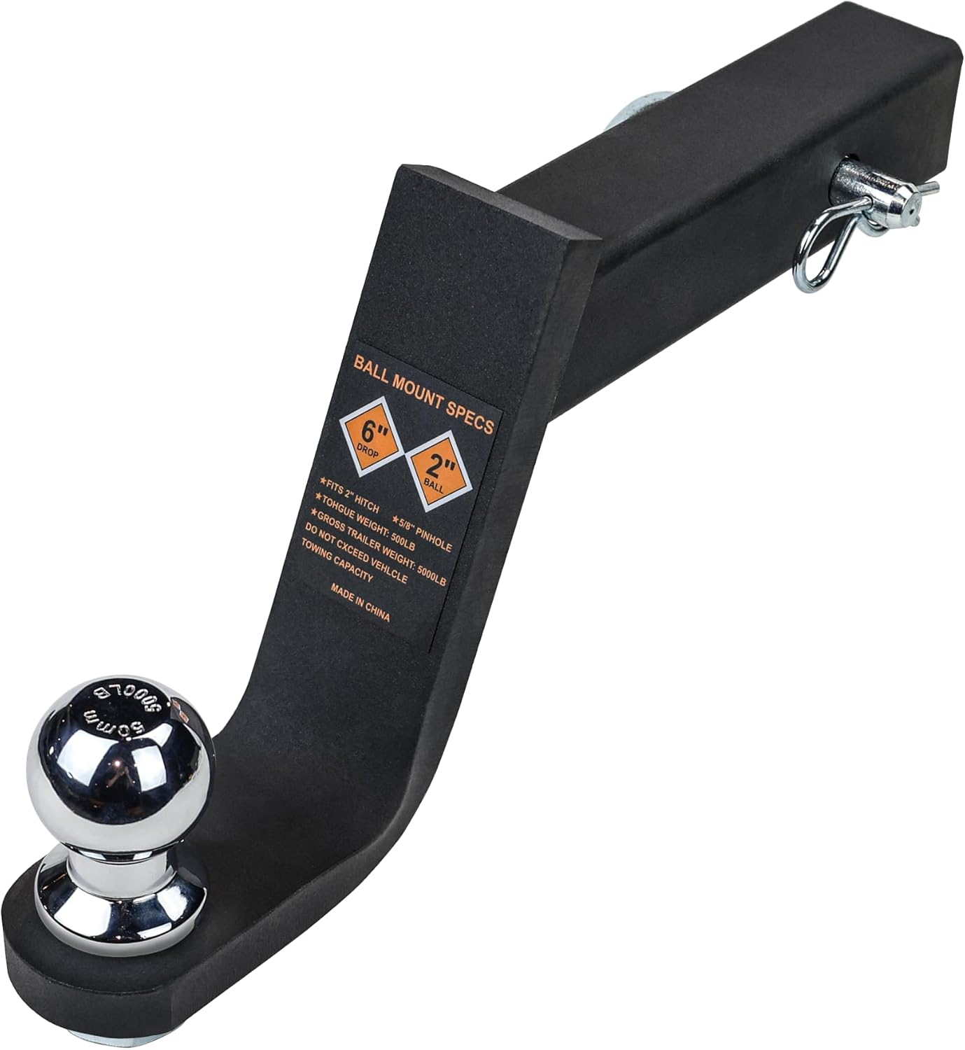 Autekcomma Trailer Hitch Ball Mount Kit with 2 Inch Ball & 5/8 inch Hitch Pin, Fits 2“ Receiver, 6 inch Drop, 5000lbs Capacity. Matte Black Powder Coated+Electrophoresis Treatment