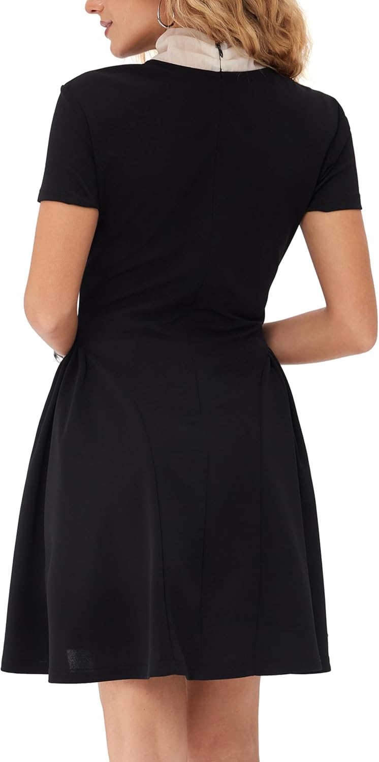 CIDER Bow Tie Neck A Line Mini Short Sleeve Dress Party Dresses - Image 3