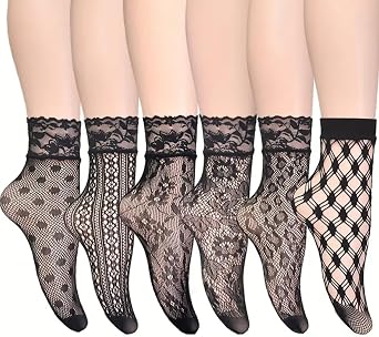 RubyLux 6-Pack Floral Lace Mesh Transparent Thin Socks Womens Size 5-10, Dressy Stockings for Sandals & Heels, Lacy, Frilly, Fancy