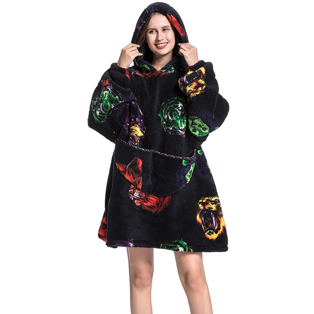 Hwalleum Womens Printed Pattern Home Casual Blanket Hoodie, Winter Warm Flannel Oversized Blanket Sweatshirt Unisex Adults 90cm Long Wearable Sherpa Fleece Hooded Blanket Bodywarmer