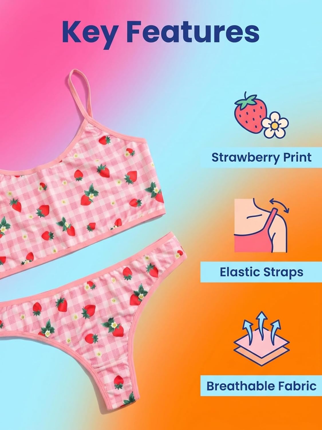 Morvia Strawberry Plaid 2 Piece Lingerie Set, Spaghetti Strap Bralette and Thong, Y2K Kawaii Sleepwear, Pink